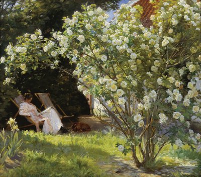 Marie Kroyer sentada en la tumbona en el jardín de la casa de la Sra. Bendsen de Peder Severin Krøyer